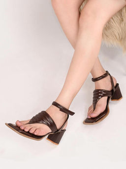 ALL TABS OPEN - Women Quilted Brown T Strap Heels with Ankle Strap