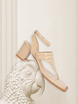ALL TABS OPEN - Women Quilted Beige Tstrap Heels with Ankle Strap