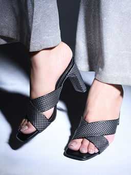 ALL TABS OPEN - Women Black Embossed Cross Strap Party Heels