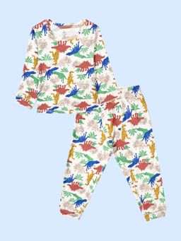 KiddoPanti - Cotton Knit Full Sleeves Dinosaurs Printed Tee And Thermal Pant