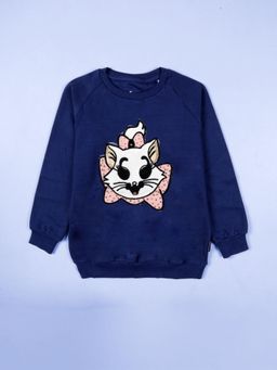 KiddoPanti - Girls Cotton Fleece Full Sleeves Cat Applique With Rhinestones Sweatshirt