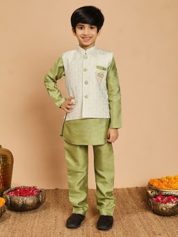 BT DEZINES - Boys Pista Cotton Silk Kurta And Pyjama With Jacquard Waistcoat