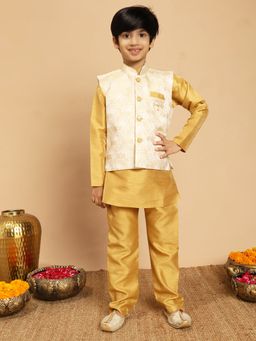 BT DEZINES - Boys Yellow Cotton Silk Kurta And Pyjama With Jacquard Waistcoat