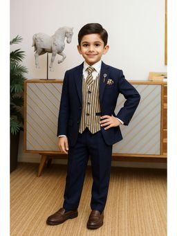 devils n angels - Navy Blue Boys Tuxedo Shirt With Pant & Coat Pocket Square Broch