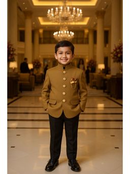 devils n angels - Tan Velvet Jodhpuri Suit With Pant Broach & Pocket Square For Boys