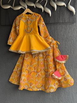 The Little Tales - Mustard Embroidery Peplum Top With Lehenga & Dupatta