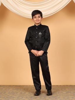 BT DEZINES - Boys Black Satin Embroidered Sequined Bandhgala Blazer And Trousers