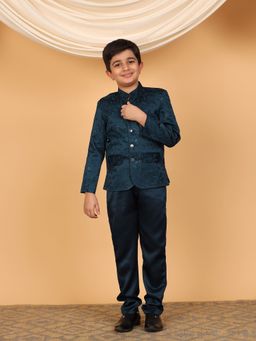 BT DEZINES - Boys Teal Blue Satin Embroidered Sequined Bandhgala Blazer And Trousers