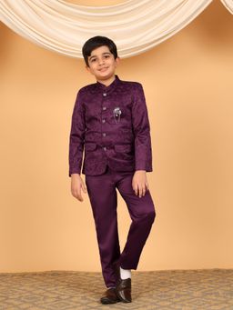 BT DEZINES - Boys Wine Satin Embroidered Sequined Bandhgala Blazer And Trousers