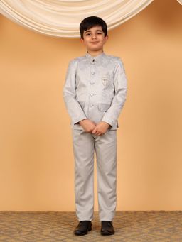 BT DEZINES - Boys Grey Satin Embroidered Bandhgala Blazer And Trousers