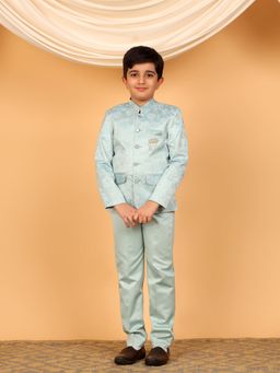 BT DEZINES - Boys Sky Blue Satin Embroidered Bandhgala Blazer And Trousers