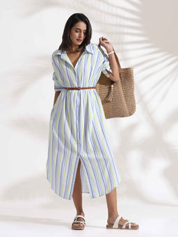 trueBrowns - White Cotton Multi Stripe Shirt Dress