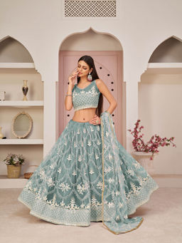 Odette - Teal Net Embroidered Semi Stitched Lehenga With Unstitched Blouse (Set of 3)