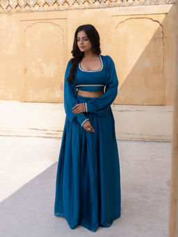 Ragavi - Crystal Teal Blue Vanilla Silk Top With Skirt (Set of 2)