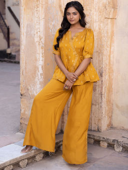 Ragavi - Autumn Blaze Mustard Mini-silk Palazzo Set (Set of 2)