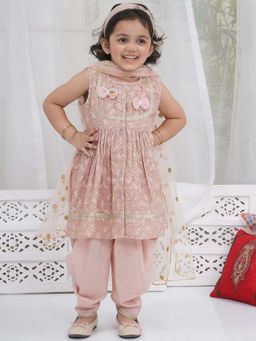 Little Bansi - Cotton Floral Kurta & Salwar With Dupatta - Mocha Peach (Set of 3)