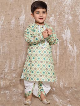 AJ Dezines - Boys Floral Print Pure Cotton Dhoti with Kurta Green (Set of 2)