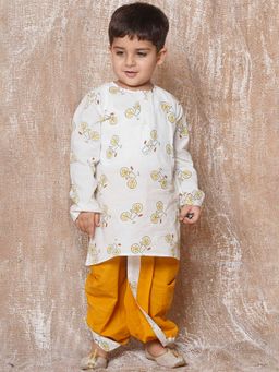 AJ Dezines - Boys Block Print Pure Cotton Kurta with Dhoti Yellow (Set of 2)