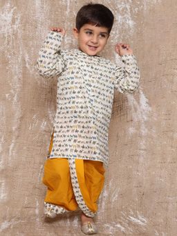AJ Dezines - Boys Animal Print Pure Cotton Kurta with Dhoti Yellow (Set of 2)