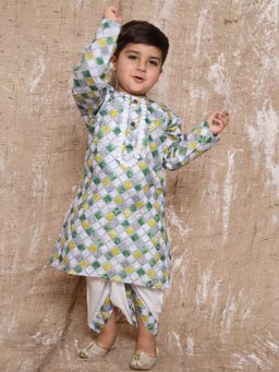 AJ Dezines - Boys Geometric Print Pure Cotton Dhoti with Kurta Green (Set of 2)