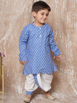 AJ Dezines - Boys Floral Print Pure Cotton Dhoti with Kurta Blue (Set of 2)