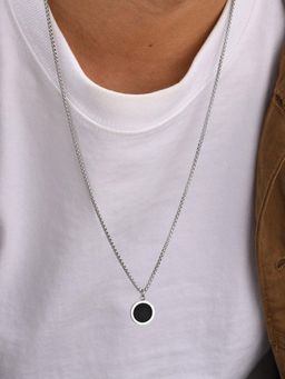 Peora - Silver Plated Black Round Pendant Chain Necklace