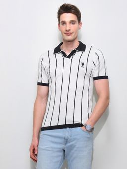 U.S. POLO ASSN. - White Men's Vertical Striped Slim Fit Polo T-Shirt