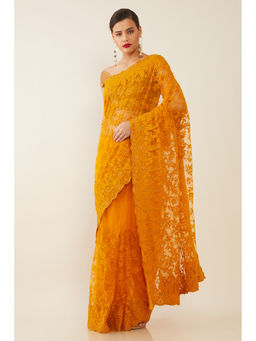 Soch - Mustard Net Paisley Embroidered Saree with Unstitched
