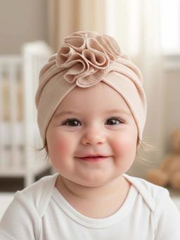 Polka Tots - Textured Knit Fabric Flower Cap Baby Girls - Beige (1-2 Years)