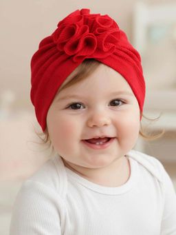 Polka Tots - Textured Knit Fabric Flower Cap Baby Girls - Red (1-2 Years)