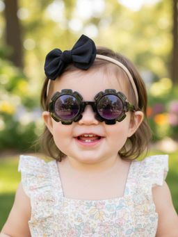 Polka Tots - Solid Bow Headband and Floral Sunglass Set Of 2 - Black (2-4 Years)