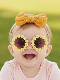 Polka Tots - Eyelet Bow Headband and Floral Sunglass Set Of 2 - Yellow (2-4 Years)
