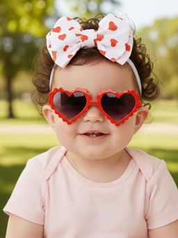 Polka Tots - Heart Print Bow Headband & Sunglass Set Of 2 - Red & White (2-4 Years)