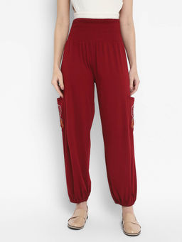 Taurus - Red Embroidered Jersey Knit Harem Pants