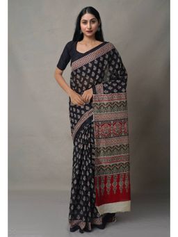 Unnati Silks - Black Pure Block Printed Cotton Saree with Unstitched Blouse