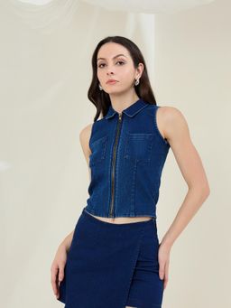 StyleStone - Womens Blue Denim Zip Up Top
