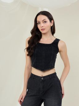 StyleStone - Womens Black Denim Corset Style Crop Top