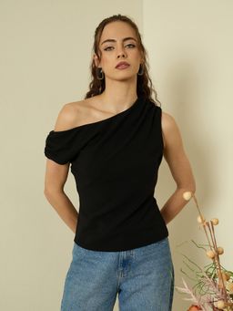 Kibo - Women Solid One Shoulder Fitted Top - Black