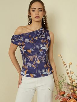 Kibo - Women Solid One Shoulder Fitted Top - Blue