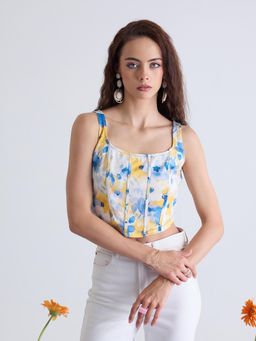 Kibo - Women Floral Printed Square Neck Crop Corset Top - Yellow