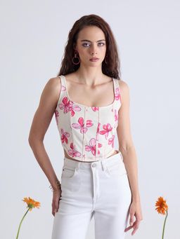 Kibo - Women Floral Printed Square Neck Crop Corset Top - Beige