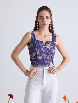 Kibo - Women Floral Printed Square Neck Crop Fitted Top - Blue