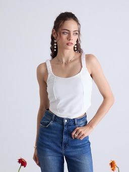 Kibo - Women Solid Tank Crop Top - White