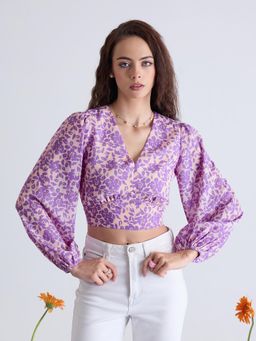Kibo - Women Floral Printed Waist Tie-Ups V-Neck Crop Top - Lavender
