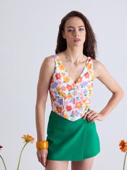 Kibo - Women Floral Printed V-Neck Crop Corset Top - White
