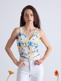Kibo - Women Floral Printed V-Neck Crop Corset Top - Blue