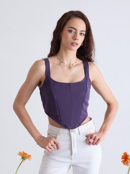 Kibo - Women Solid Shoulder Straps Crop Corset Top - Purple
