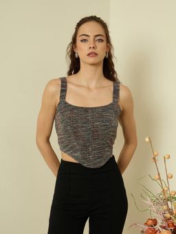 Kibo - Women Textured Shoulder Straps Crop Fitted Top - Grey