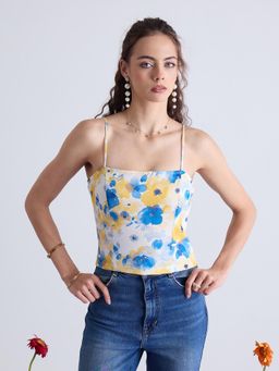 Kibo - Women Floral Printed Shoulder Straps Fitted Top - Blue