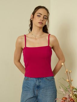 Kibo - Women Solid Shoulder Straps Crop Fitted Top - Pink